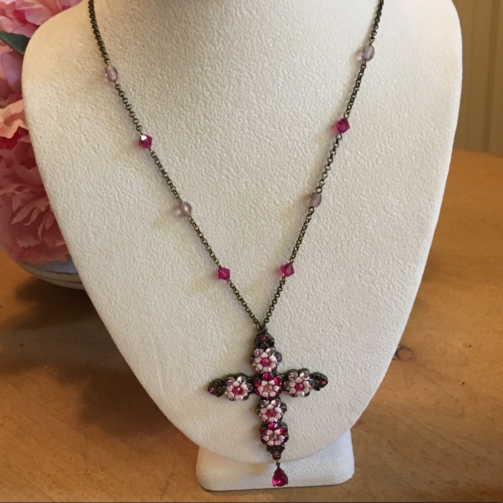 Michal Negrin Pink Crystal Cross Necklace